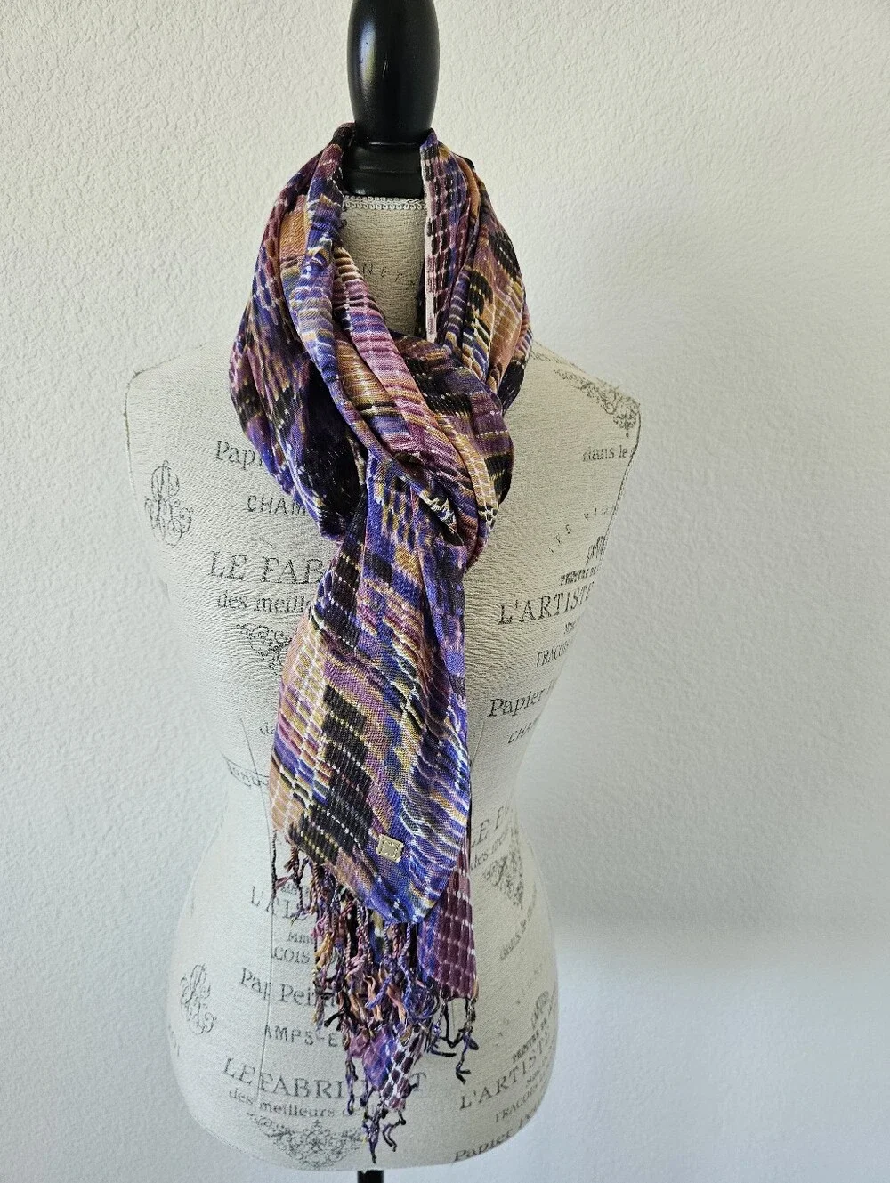 ​Liz Claiborne Abstract Ikat Plaid Wrap Scarf Purple Mustard Fringe Trim 72x28​